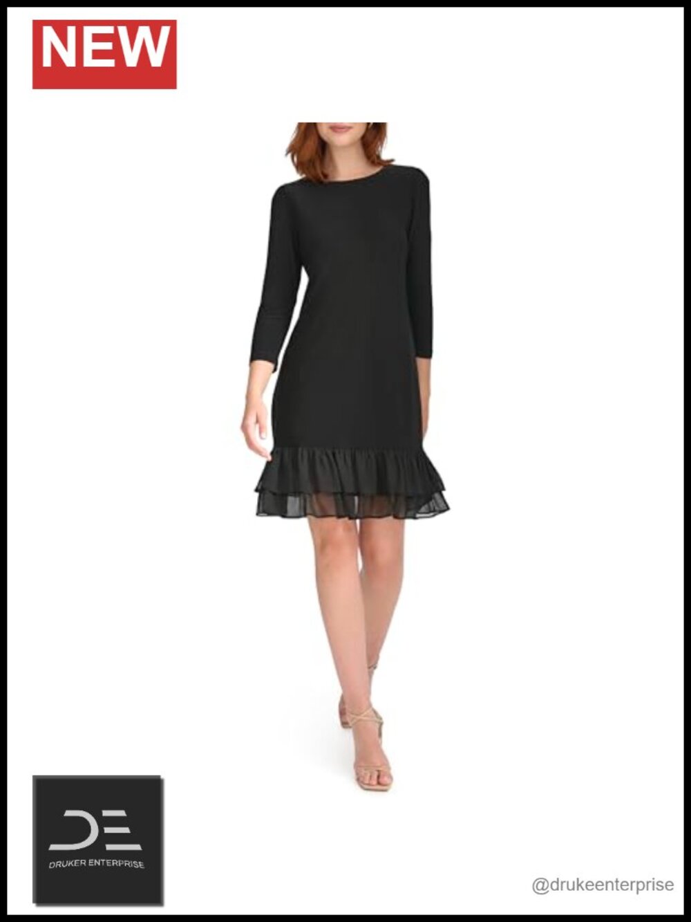 3/4 Sleeve Jersey Chiffon Mix Ruffle Hem Dress